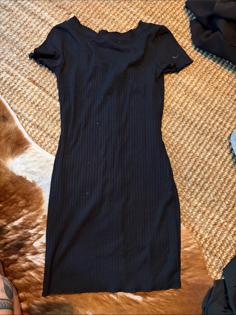 Black Ribbed Button-Front Mini Dress with Ruffle Trim - Picture 3 of 3